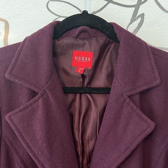 Guess Wool Coat Medium Boucle Wine Red Collar Tie Belt Women's Pea Coat long - Picture 4 of 6
